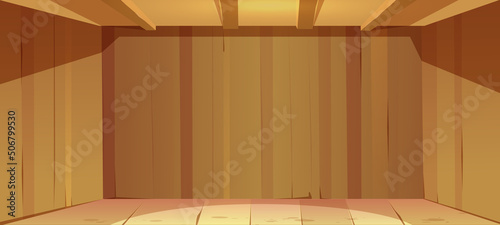 Empty room with wooden walls, ceiling and floor. Cartoon textured wood box background for game. Abstract barn, farm or ranch indoor interior design with brown or yellow planks, 2d vector illustration