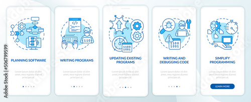 Programming skills blue onboarding mobile app screen. Program developing walkthrough 5 steps graphic instructions pages with linear concepts. UI, UX, GUI template. Myriad Pro-Bold, Regular fonts used