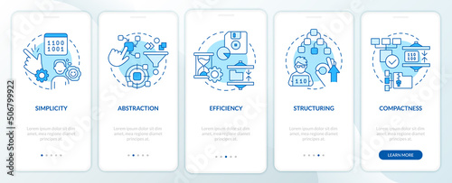 Features of programming languages blue onboarding mobile app screen. Walkthrough 5 steps graphic instructions pages with linear concepts. UI, UX, GUI template. Myriad Pro-Bold, Regular fonts used