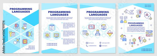 Programming languages brochure template. Set of instructions. Leaflet design with linear icons. 4 vector layouts for presentation, annual reports. Arial-Black, Myriad Pro-Regular fonts used