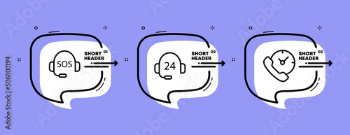 Hotline set icon. Around the clock, headphones, headset, call center, landline phone, clock. Help concept. Infographic timeline with icons and 3 steps. Vector line icon for Business and Advertising