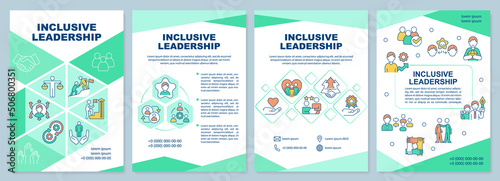 Inclusive leadership green brochure template. Team management. Leaflet design with linear icons. Editable 4 vector layouts for presentation, annual reports. Arial-Black, Myriad Pro-Regular fonts used