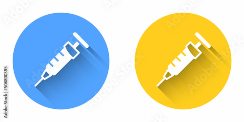 White Syringe icon isolated with long shadow background. Syringe for vaccine, vaccination, injection, flu shot. Medical equipment. Circle button. Vector