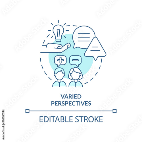 Varied perspectives turquoise concept icon. Workplace diversity advantage abstract idea thin line illustration. Isolated outline drawing. Editable stroke. Arial, Myriad Pro-Bold fonts used