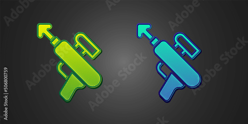 Green and blue Fishing harpoon icon isolated on black background. Fishery manufacturers for catching fish under water. Diving underwater equipment. Vector