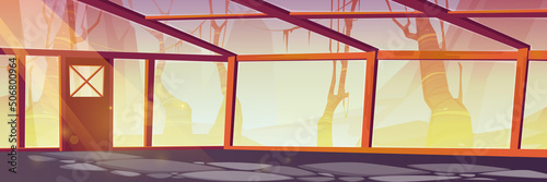 Empty greenhouse with wooden frame and door in jungle landscape with trees and mountains. Vector cartoon illustration of blank interior of hothouse, orangery with glass windows