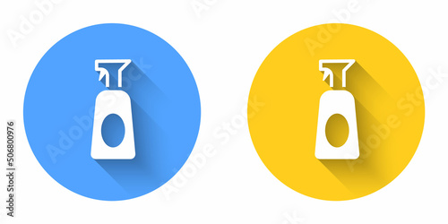 White Cleaning spray bottle with detergent liquid icon isolated with long shadow background. Circle button. Vector
