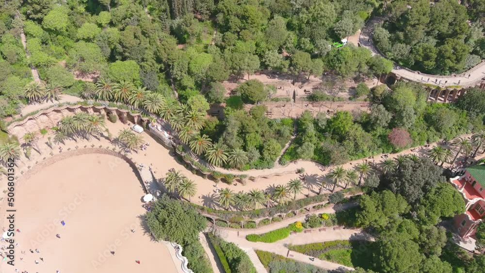 Barcelona, Spain: Aerial view of capital city of Catalonia, Teatre grec del Parc Güell - landscape panorama of Europe from above
