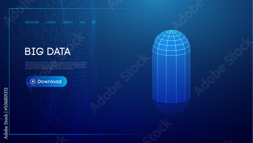 Nutrition pill 3d wireframe object. Technology pill production concept. Capsule tech blue background.