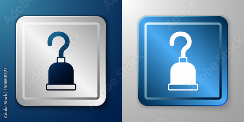 White Pirate hook icon isolated on blue and grey background. Happy Halloween party. Silver and blue square button. Vector
