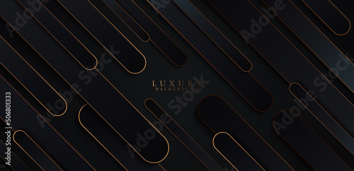Abstract black geometric shapes background with diagonal golden lines and shadow decoration. Modern luxury diagonal rounded lines overlap pattern. Luxury and elegant. Vector illustration