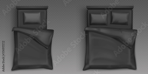 Single and double beds with black linen top view. 3d vector furniture for sleep mockup with blank sheet, pillows and duvet, home or hotel bed isolated on transparent background, Realistic illustration