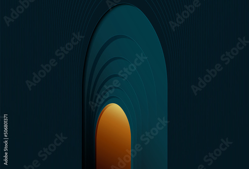Abstract dark blue and orange overlap dimension layers background. Modern deep curve shapes with shadow. Paper cut style. Minimalist graphic design. Vector illustration