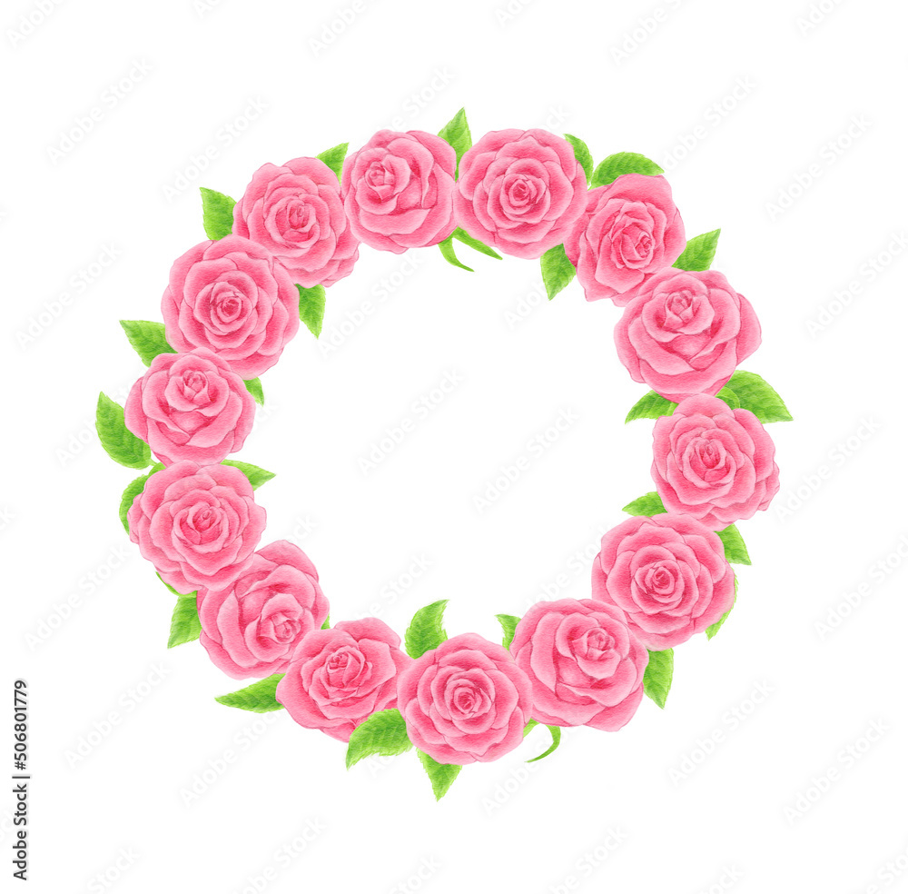 Pink rose wreath drawn in digital watercolor	