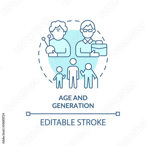 Age and generation turquoise concept icon. Type of diversity abstract idea thin line illustration. Older, younger workers. Isolated outline drawing. Editable stroke. Arial, Myriad Pro-Bold fonts used