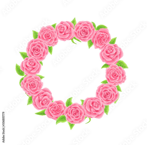 Pink rose wreath drawn in digital watercolor 