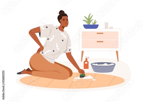 Tired woman suffering from back ache during housework. Exhausted housewife feeling bad at household chores, cleaning, washing carpet at home. Flat vector illustration isolated on white background