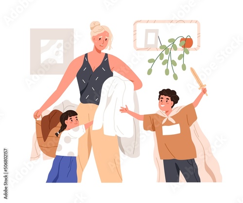 Tired mother with kids and housework at home. Busy woman with children and household chores. Exhausted overloaded mom housewife feeling bad. Flat vector illustration isolated on white background