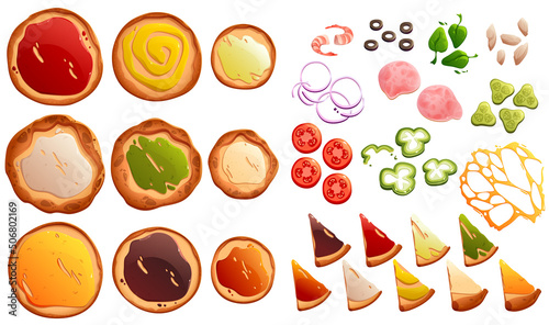 Pizza constructor with round dough base, slices, different topping and sauces. Vector cartoon set of ingredients for cooking italian pizza, tomato, pepper, olives, onion, ham and cheese