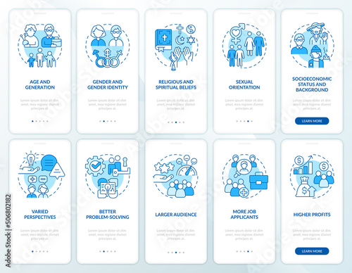 Diversity and inclusion blue onboarding mobile app screen set. Walkthrough 5 steps editable graphic instructions with linear concepts. UI, UX, GUI template. Myriad Pro-Bold, Regular fonts used