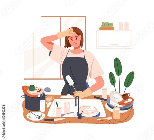 Sad woman washing dishes, tired with household chores, housework. Exhausted unhappy female housewife doing dishwashing, washup at home kitchen. Flat vector illustration isolated on white background photo