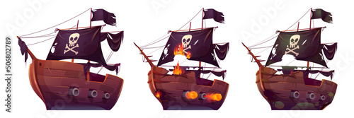 Pirate ships isolated on white background. Wooden boats with black sails, shooting cannon and jolly roger flag. Old and new battleship, barge after shipwreck and sea battle Cartoon Vector illustration