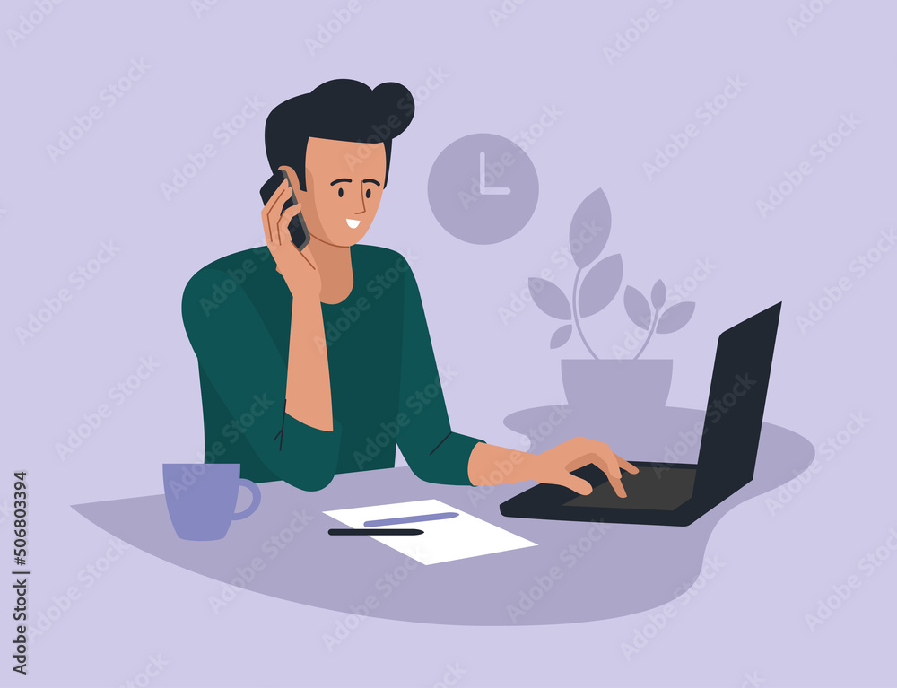 Online work. Boy with a laptop. People and business. Guy talking on the phone. Office work. Freelancer, work from home. Vector image. Online work. Boy with a laptop. People and business. Guy talking on the phone. Office work. Freelancer, work from home. Vector image.