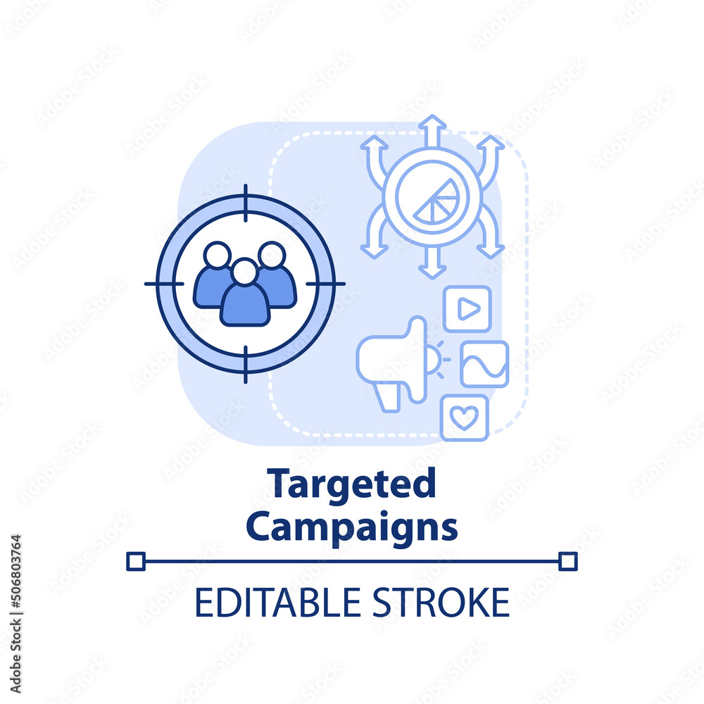 Targeted campaigns light blue concept icon. Personalized content. Digital first pros abstract idea thin line illustration. Isolated outline drawing. Editable stroke. Arial, Myriad Pro-Bold fonts used Targeted campaigns light blue concept icon. Personalized content. Digital first pros abstract idea thin line illustration. Isolated outline drawing. Editable stroke. Arial, Myriad Pro-Bold fonts used