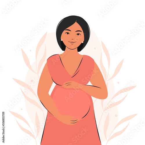 Pregnant asian woman, future mom, hugging belly with arms. Pregnancy and motherhood concept. Vector illustration.