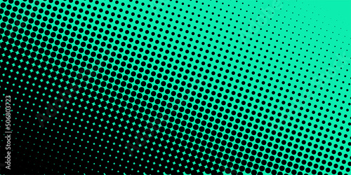 Gradient of halftone black dots on a green background. Pop art texture. Comic background. Vector illustration.