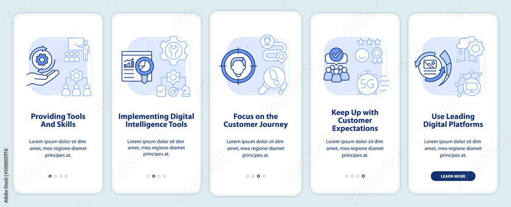 Digital first strategy light blue onboarding mobile app screen. Walkthrough 5 steps graphic instructions pages with linear concepts. UI, UX, GUI template. Myriad Pro-Bold, Regular fonts used