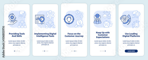 Digital first strategy light blue onboarding mobile app screen. Walkthrough 5 steps graphic instructions pages with linear concepts. UI, UX, GUI template. Myriad Pro-Bold, Regular fonts used