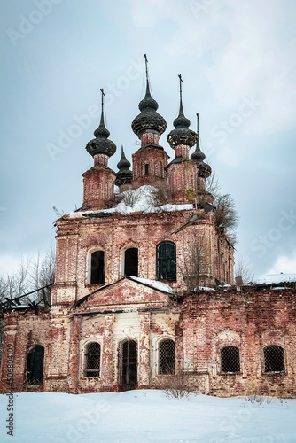 destroyed Orthodox church in winter