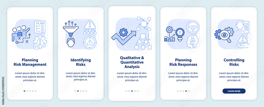 Risk management process light blue onboarding mobile app screen. Plan walkthrough 5 steps graphic instructions pages with linear concepts. UI, UX, GUI template. Myriad Pro-Bold, Regular fonts used