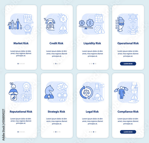 Risk categories light blue onboarding mobile app screen set. Management walkthrough 4 steps graphic instructions pages with linear concepts. UI, UX, GUI template. Myriad Pro-Bold, Regular fonts used