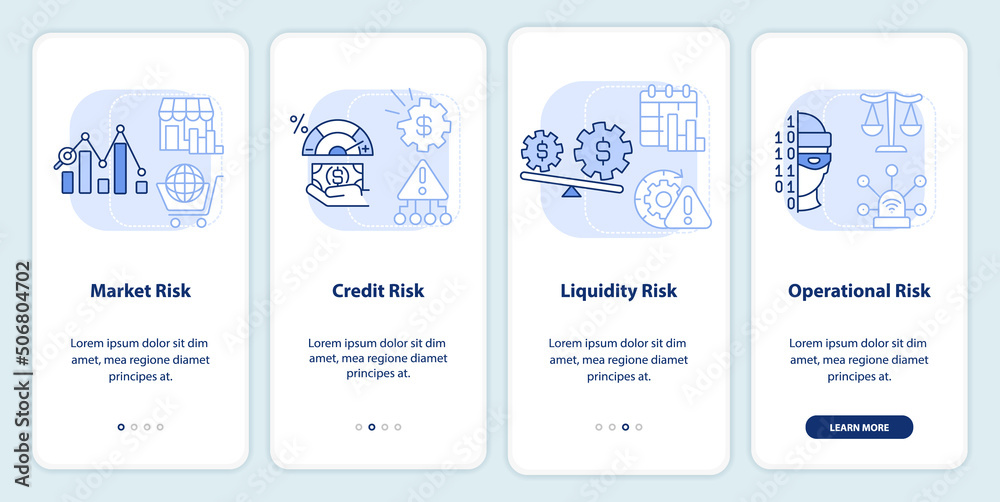 Risk categories light blue onboarding mobile app screen. Business plan walkthrough 4 steps graphic instructions pages with linear concepts. UI, UX, GUI template. Myriad Pro-Bold, Regular fonts used