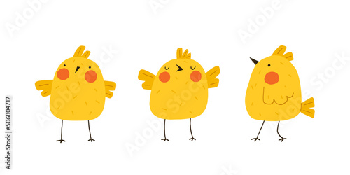 Set of cute yellow chickens. Newborn little funny chicks. Elements for Easter designs. Cartoon vector illustration.