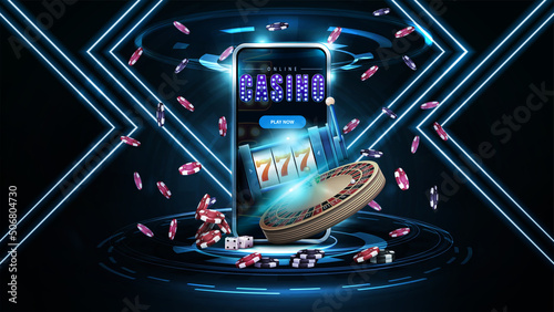 Online casino, dark and blue banner with smartphone, casino slot machine, Casino Roulette and poker chips in scene with neon rhombus frames on background