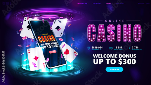 Online casino, banner for website with button, smartphone, poker chips and playing cards on blue and pink digital podium with hologram digital rings in dark room