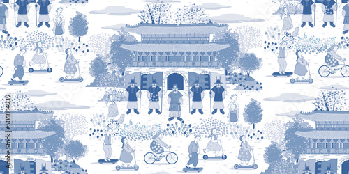 Seamless pattern illustration. The daily scenery in front of the royal palace, a historical heritage located in the middle of the Korean city	