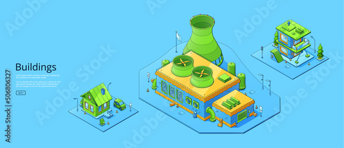 Isometric buildings, power station, house and store. Vector poster of city residential, industrial and commercial architecture. Banner with urban buildings, cottage and energy plant
