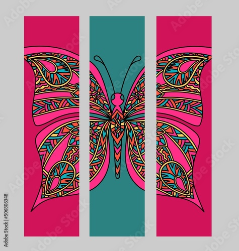 Set of bookmarks with colorful tropical butterfly in zentangle style.