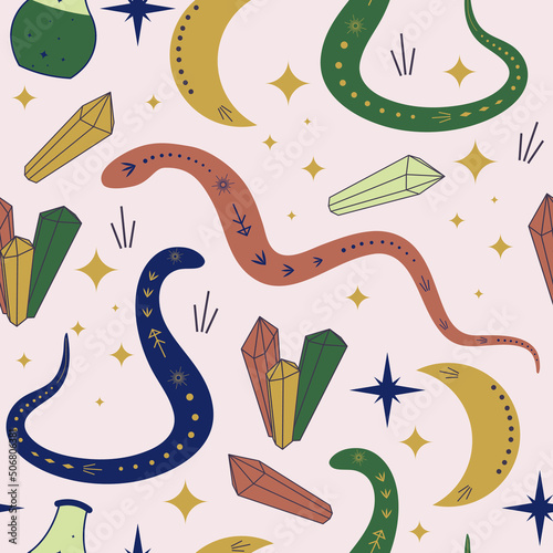 magic seamless pattern with snakes, crystals and moon