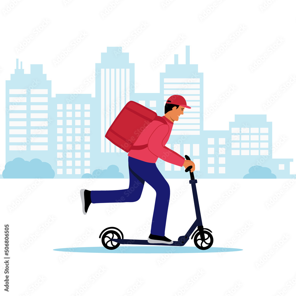 Stock vector hand drawn flat illustration delivery courier rides a scooter around the city Stock vector hand drawn flat illustration delivery courier rides a scooter around the city