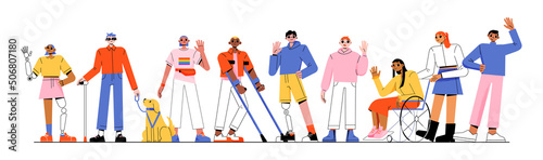 Diverse people group, characters with different disabilities, lgbt person, african american people. Vector flat illustration of girls in wheelchair, with prosthesis, blind man with guide dog