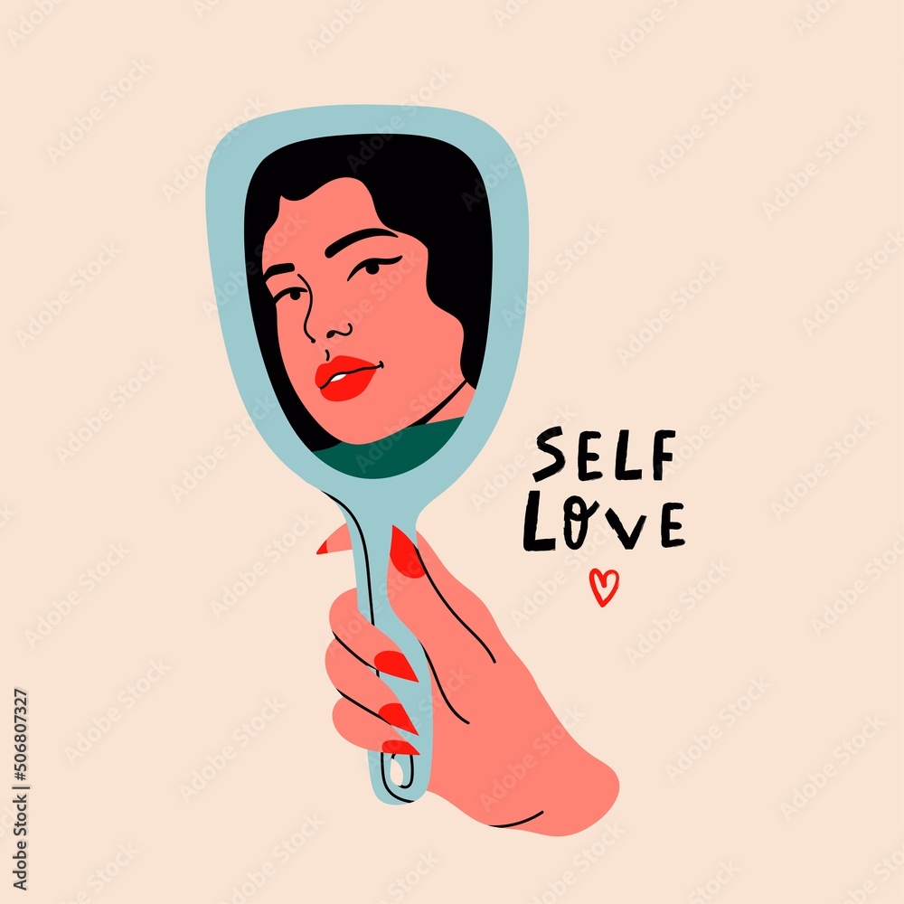 Woman's hand holding mirror reflexing her beautiful face. Lady staring at herself in mirror reflection. Hand drawn isolated Vector illustration. Cartoon flat style. Self love, acceptance concept - obrazy, fototapety, plakaty 
