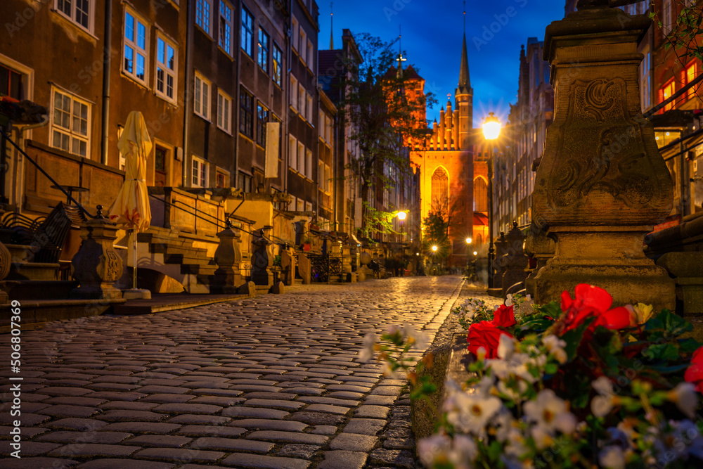 Beautiful architecture of Mariacka  street in Gdansk at night, Poland