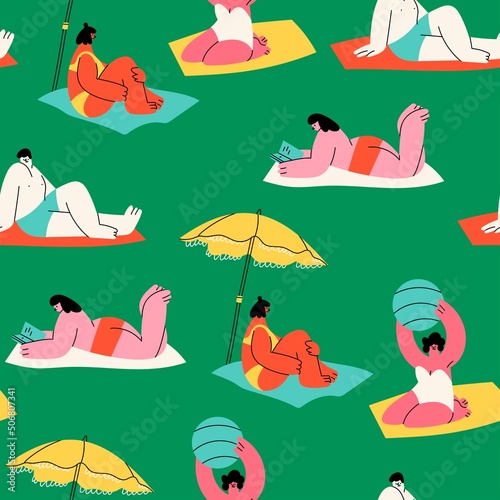 Various people lying on towels or blankets. Cute characters relaxing, sunbathing, reading books, talking. Summer time, beach, vacation concept. Hand drawn Vector seamless Pattern. Square background