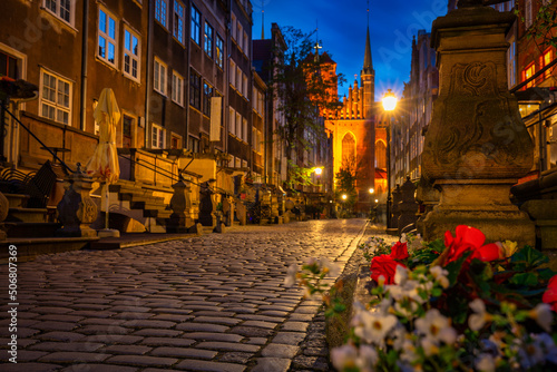 Beautiful architecture of Mariacka street in Gdansk at night, Poland