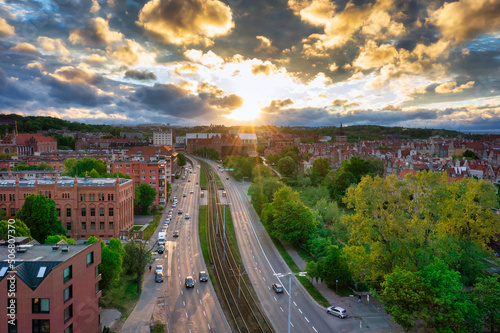 Aerial view of the beautiful Gdansk city at sunset, Poland